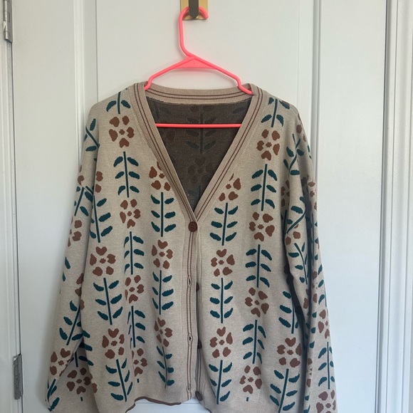 Sweaters - Floral Print Beige Button-Front Women's Cardigan